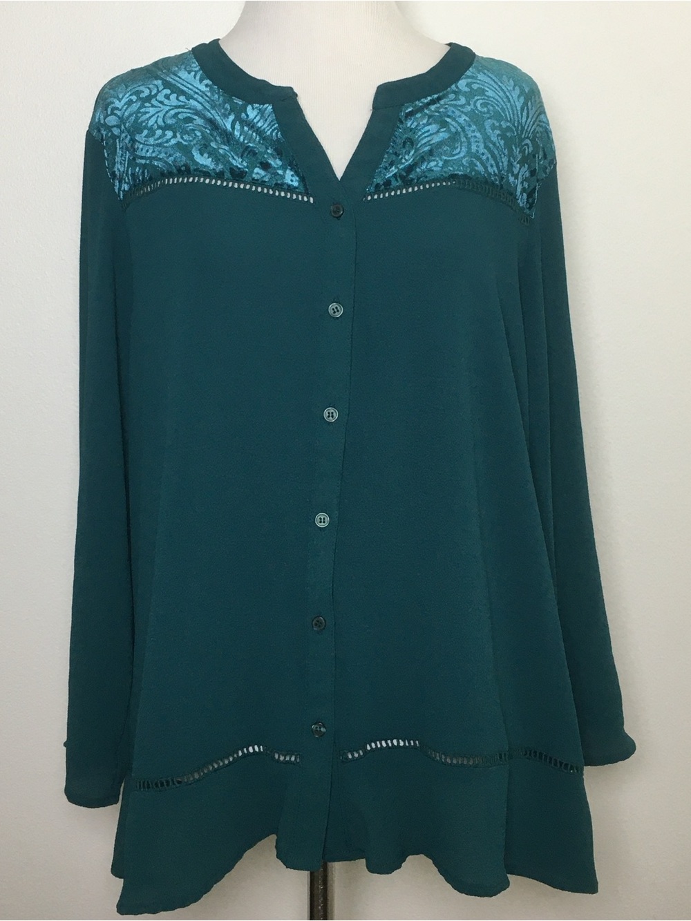 Forest Green Blouse with Velvet Paisley Yoke